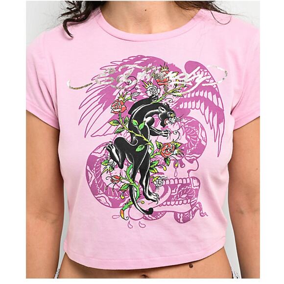 Ed Hardy Pink Floral Panther Crop Baby Doll T-Shirt size Small - Picture 1 of 13